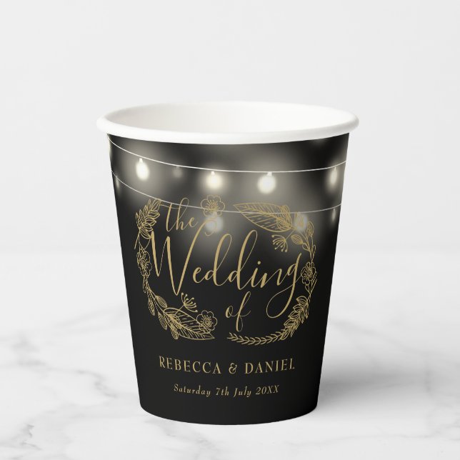 Black And Gold String Lights Floral Wedding Paper Cups (Front)