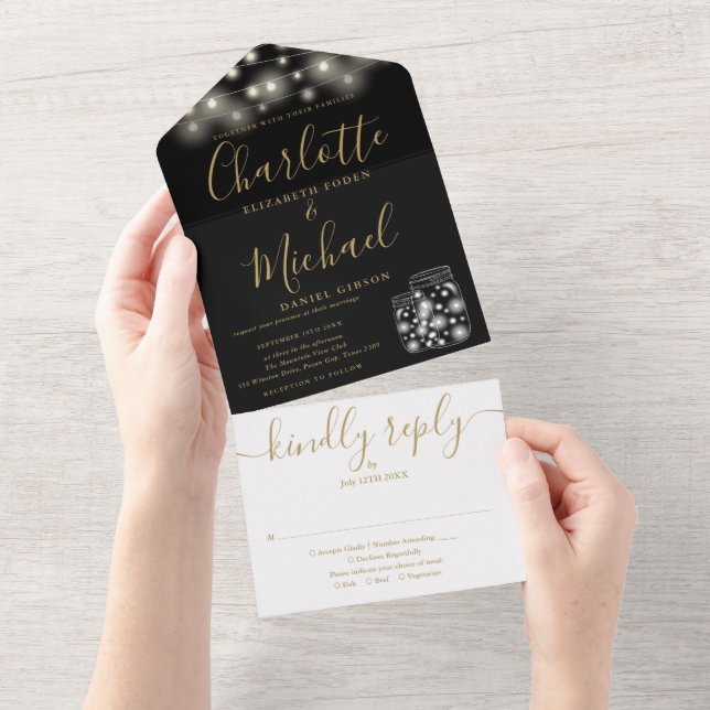 Black And Gold String Lights Mason Jars Wedding All In One Invitation (Tearaway)