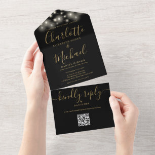 Black And Gold String Lights QR Code Wedding All In One Invitation