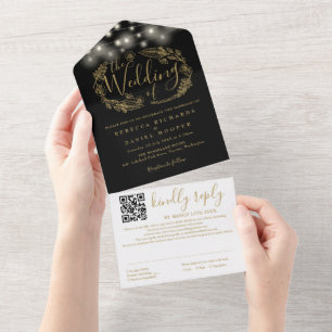 Black And Gold String Lights QR Code Wedding All In One Invitation