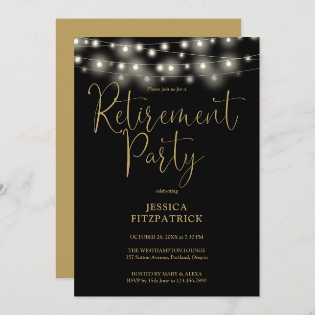 Black And Gold String Lights Retirement Party Invitation (Front/Back)