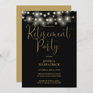 Black And Gold String Lights Retirement Party Invitation