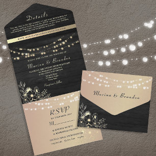 Black and Gold String Lights Wedding All In One Invitation