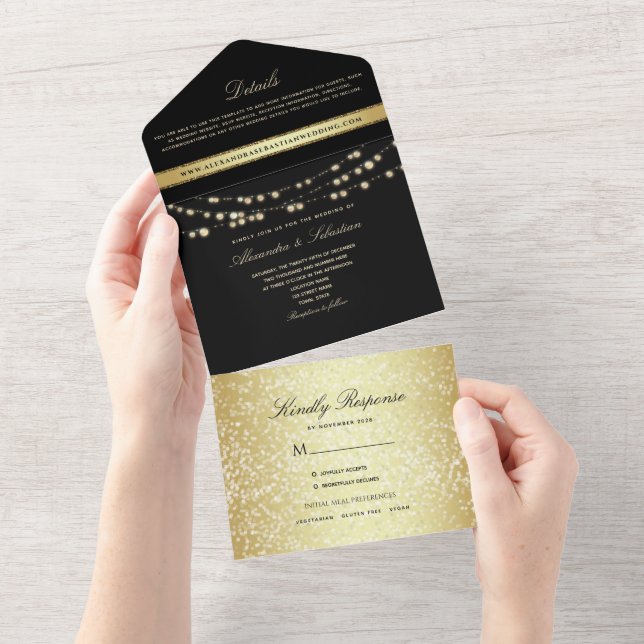 Black and Gold String Lights Wedding All In One Invitation (Tearaway)