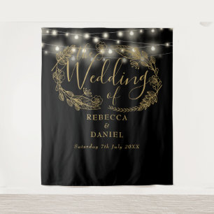 Black And Gold String Lights Wedding Backdrop Tapestry
