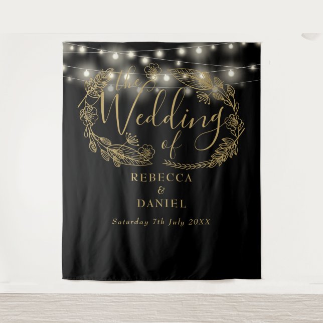 Black And Gold String Lights Wedding Backdrop Tapestry (Front)