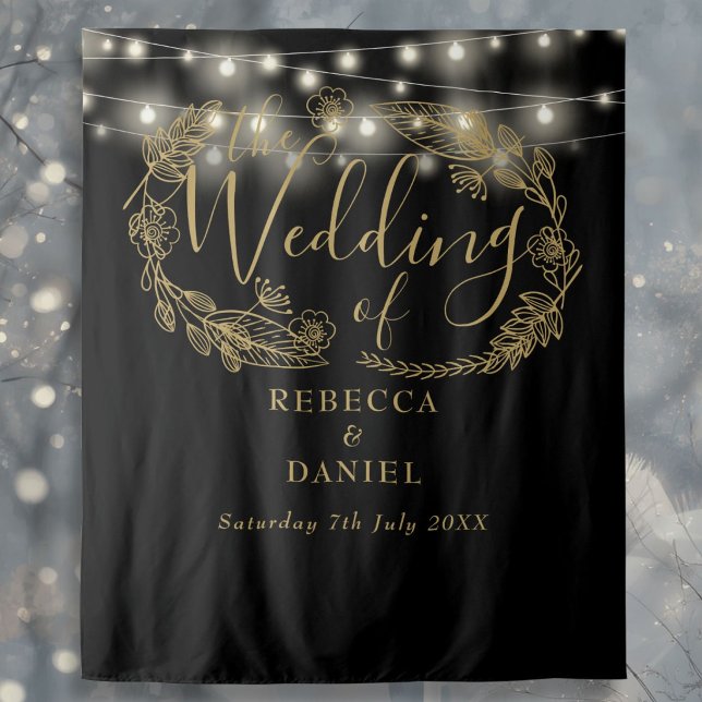 Black And Gold String Lights Wedding Backdrop Tapestry (Black And Gold String Lights Wedding Backdrop)