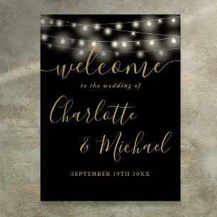 Black And Gold String Lights Wedding Welcome Sign