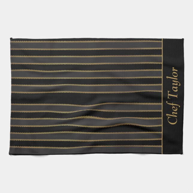 Black and Gold Stripe Personalised Kitchen Towel (Horizontal)
