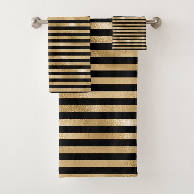 Black and Gold Striped Bathroom Towel Set (Insitu)