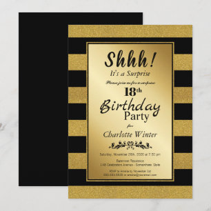 Black and Gold Striped Surprise 18th Birthday Invitation