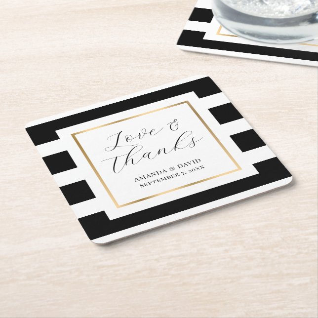 Black and Gold Striped Wedding Paper Coaster (Angled)