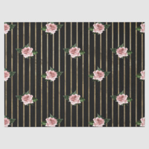 Black and Gold Stripes with Pink Roses Decoupage Tissue Paper