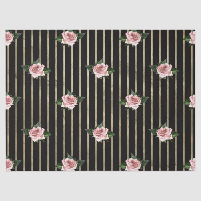 Black and Gold Stripes with Pink Roses Decoupage Tissue Paper (Front)