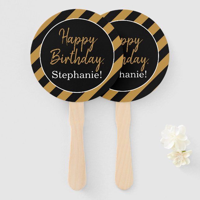 Black and Gold Stripes with White Birthday Party Hand Fan (Front and Back)