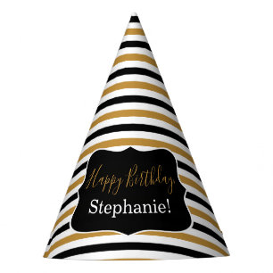 Black and Gold Stripes with White Birthday Party Hat