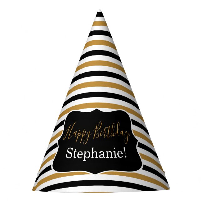 Black and Gold Stripes with White Birthday Party  Party Hat (Front)