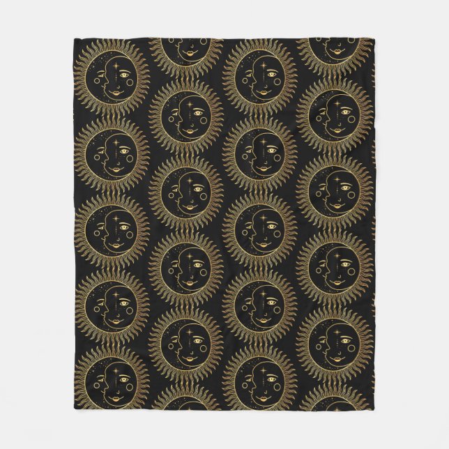 Black and Gold Sun & Moon Faces Fleece Blanket (Front)