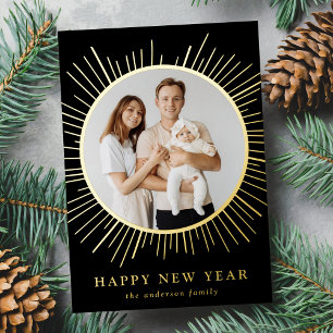 Black and Gold Sunburst Happy New Year Photo Foil Holiday Card