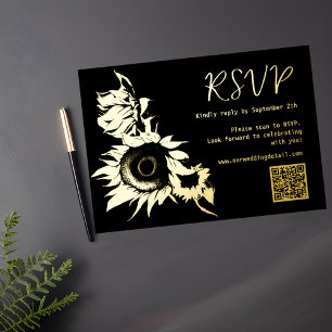 Black and Gold Sunflower QR code RSVP Wedding Foil Holiday Card