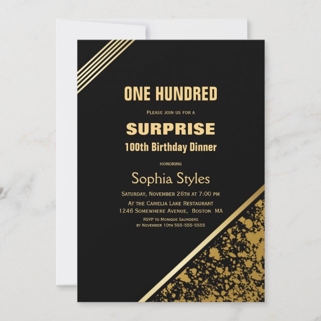 Black and Gold Surprise 100th Birthday Dinner Invitation (Front)