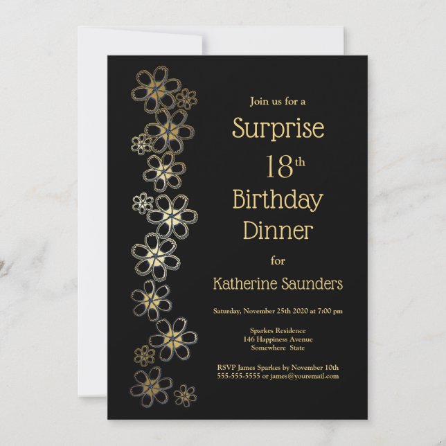 Black and Gold Surprise 18th Birthday Dinner Party Invitation (Front)