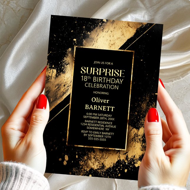 Black and Gold Surprise 18th Birthday Party Invitation (Creator Uploaded)