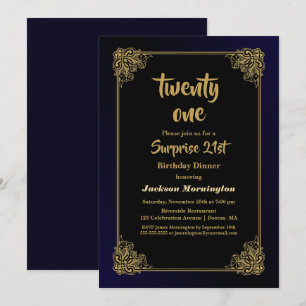 Black and Gold Surprise 21st Birthday Dinner Invitation