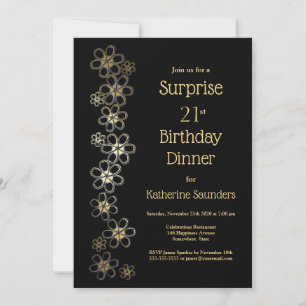 Black and Gold Surprise 21st Birthday Dinner Party Invitation
