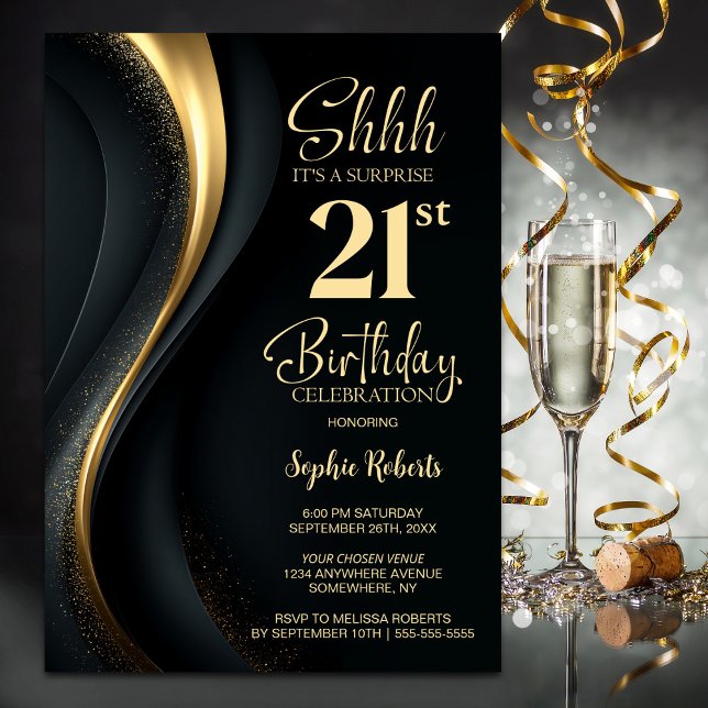 Black and Gold Surprise 21st Birthday Party Invitation (Creator Uploaded)
