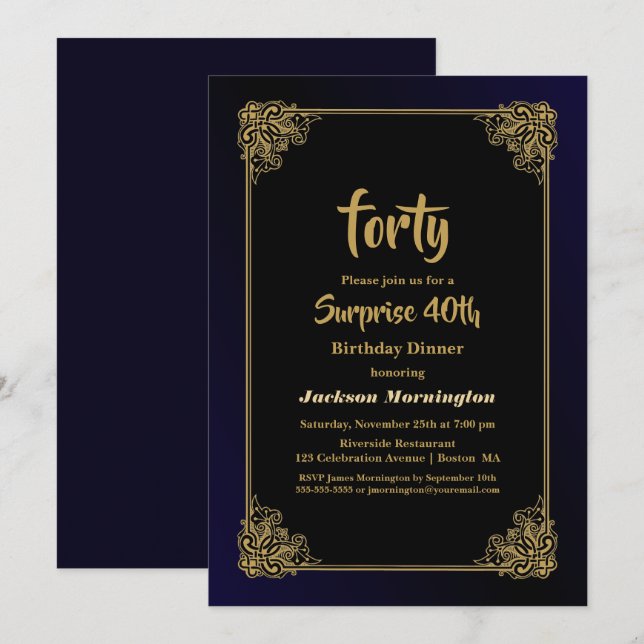 Black and Gold Surprise 40th Birthday Dinner Invitation (Front/Back)