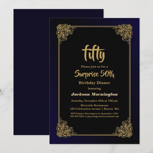 Black and Gold Surprise 50th Birthday Dinner Invitation (Front/Back)