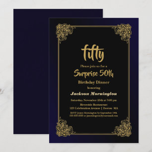 Black and Gold Surprise 50th Birthday Dinner Invitation