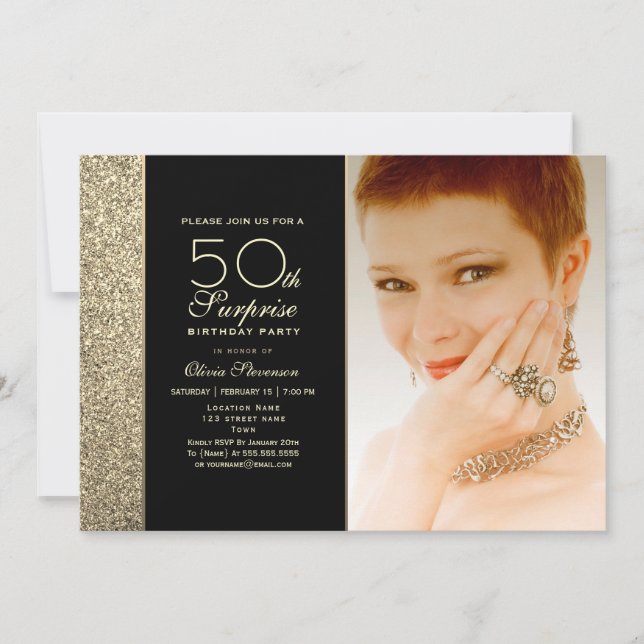 Black and Gold Surprise 50th Birthday Invitation (Front)