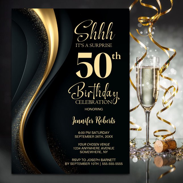 Black and Gold Surprise 50th Birthday Party Invitation (Creator Uploaded)