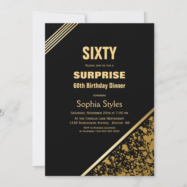 Black and Gold Surprise 60th Birthday Dinner Invitation (Front)