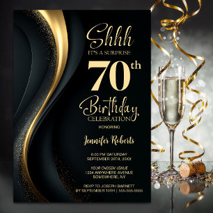 Black and Gold Surprise 70th Birthday Party Invitation