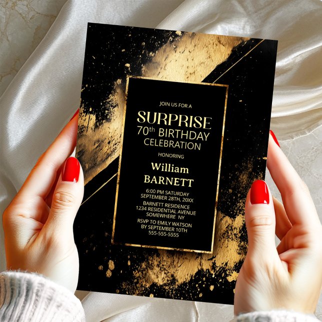 Black and Gold Surprise 70th Birthday Party Invitation (Creator Uploaded)