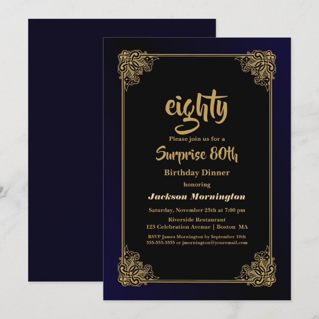 Black and Gold Surprise 80th Birthday Dinner Invitation (Front/Back)
