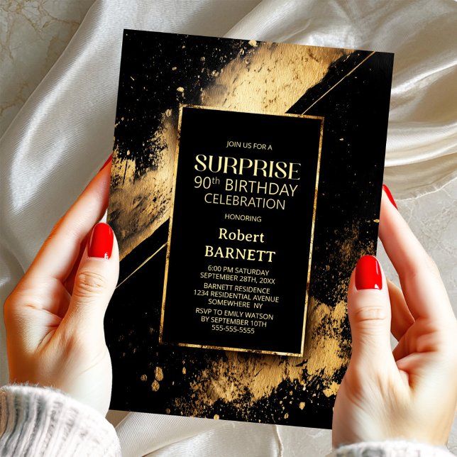 Black and Gold Surprise 90th Birthday Party Invitation (Creator Uploaded)