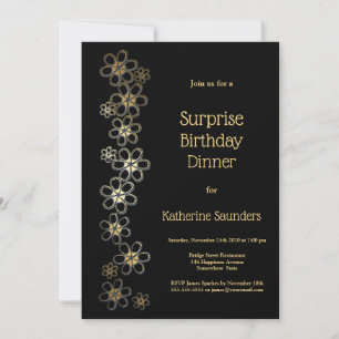 Black and Gold Surprise Birthday Dinner Party Invitation