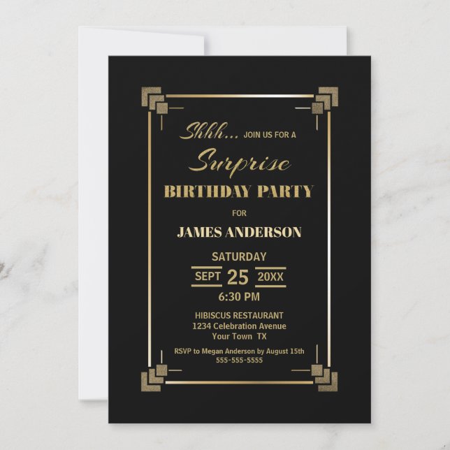 Black and Gold Surprise Birthday Party Invitation (Front)
