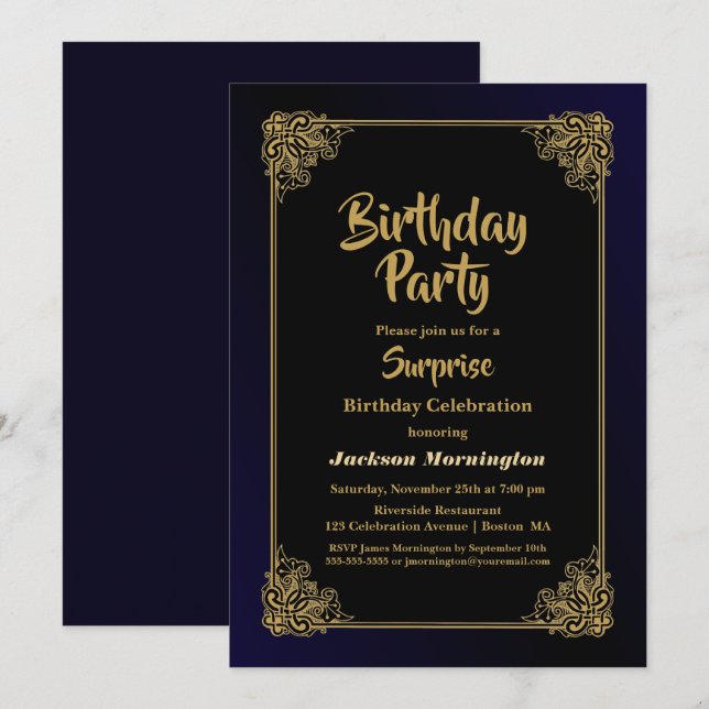 Black and Gold Surprise Birthday Party Invitation (Front/Back)
