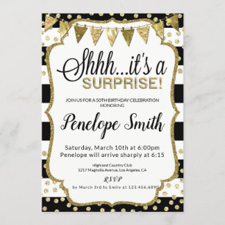 Black and Gold Surprise Birthday Party Invitations