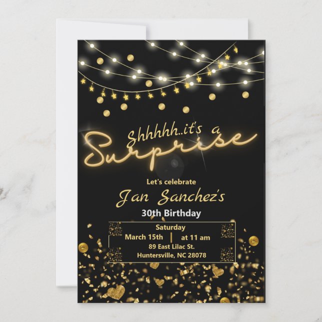 Black and gold surprise budget invitation QRcode F (Front)