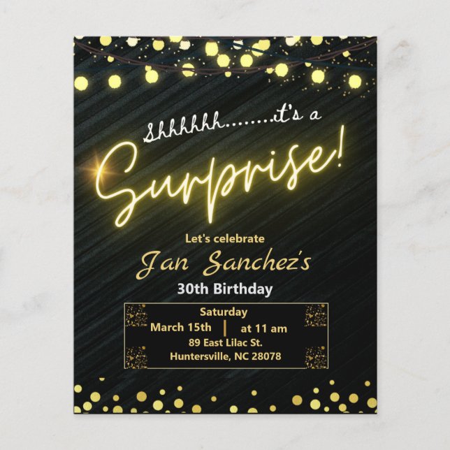 Black and gold surprise budget invitation QRcode Flyer (Front)