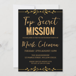 black and gold surprise retirement party invitation