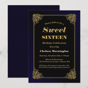Black and Gold Sweet 16 Birthday Invitation