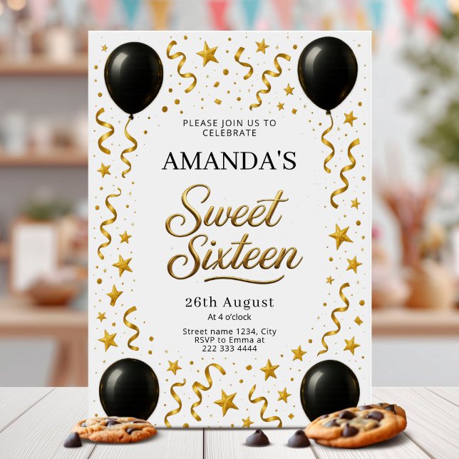 Black and Gold Sweet 16 Birthday Party Invitation (Creator Uploaded)