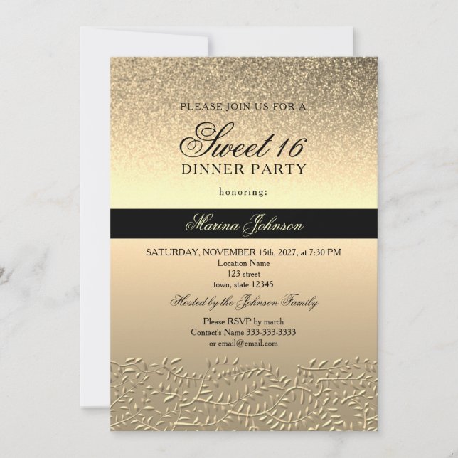 Black and Gold Sweet 16 Invitation (Front)